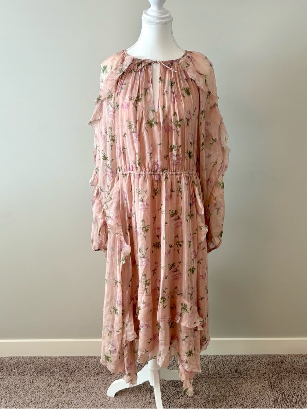 Ulla Johnson Lorelei Silk Floral Dress Size 10 Blush Pink Ruffle Sleeve Boho - Picture 2 of 8